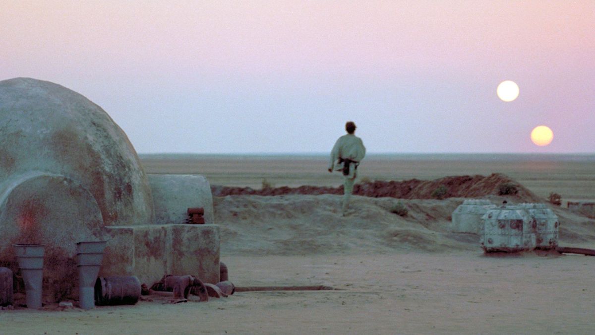 Luke Skywalker watching the twin suns set on Tatooine.