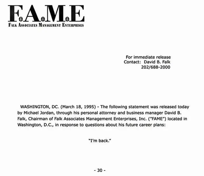 Michael Jordan's press release, March 18, 1995: "I'm back."