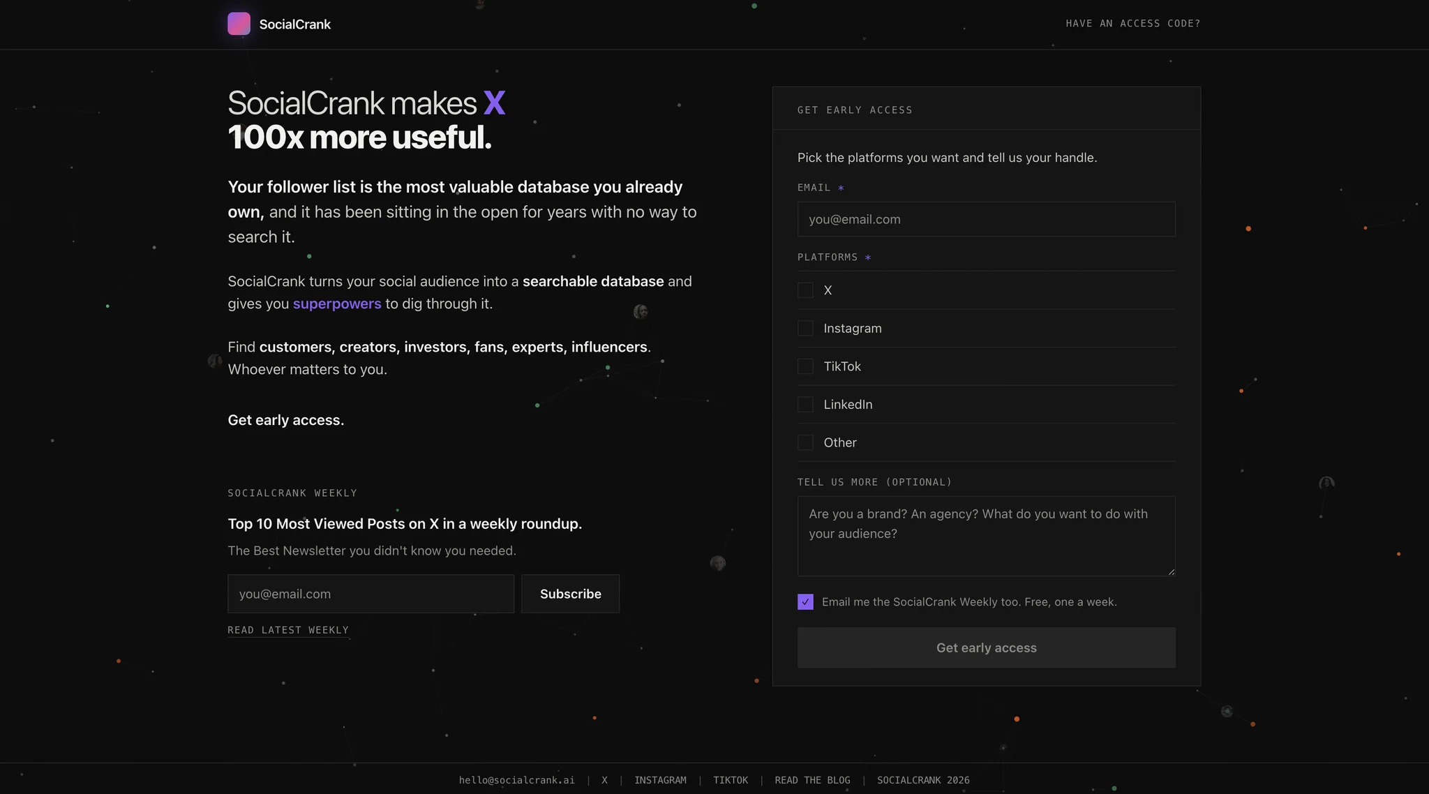 The SocialCrank gate: "SocialCrank makes X 100x more useful," with the early access form.